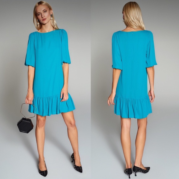 New Turquoise Pleated Mid-Length Casual Dress - Picture 2 of 3
